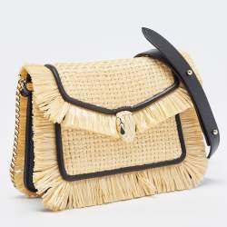Bvlgari Cream/Black Raffia and Leather Mini Serpenti Forever Crossbody Bag
