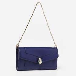 Pre Owned Bvlgari Blue Leather Serpenti Forever Flap Wallet on Chain