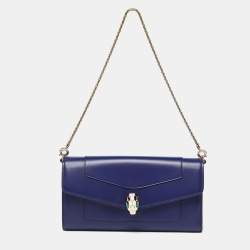 Pre Owned Bvlgari Blue Leather Serpenti Forever Flap Wallet on Chain