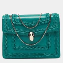 مملوكة مسبقًا Bvlgari Green Leather Large Ruffled Serpenti Forever Shoulder Bag