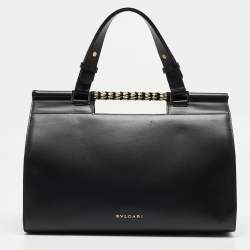Pre Owned Bvlgari Black Leather and Leopard Print Calfhair Scaglie Serpenti Tote