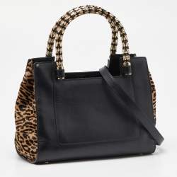 Pre Owned Bvlgari Black/Beige Leather and Calfhair Small Serpenti Scaglie Tote