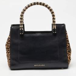 Pre Owned Bvlgari Black/Beige Leather and Calfhair Small Serpenti Scaglie Tote