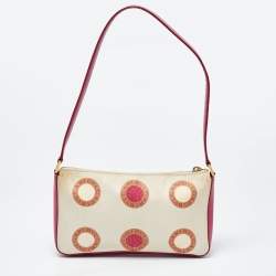 Pre Owned Bvlgari Pink/White Printed Satin and Leather Baguette Bag