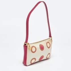 Pre Owned Bvlgari Pink/White Printed Satin and Leather Baguette Bag