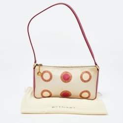 Pre Owned Bvlgari Pink/White Printed Satin and Leather Baguette Bag