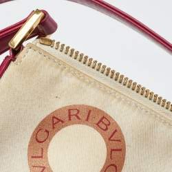 Pre Owned Bvlgari Pink/White Printed Satin and Leather Baguette Bag