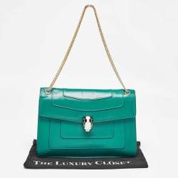Pre Owned Bvlgari Green Leather Medium Serpenti Forever Flap Shoulder Bag