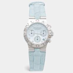 Bvlgari Blue Mother Of Pearl Diamond Stainless Steel Alligator Leather Diagono CH 35 S AUTO Women's Wristwatch 35 mm
