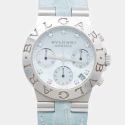Bvlgari Blue Mother Of Pearl Diamond Stainless Steel Alligator Leather Diagono CH 35 S AUTO Women's Wristwatch 35 mm