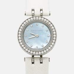 Pre Owned Bvlgari Blue Mother of Pearl Diamond Stainless Steel Leather B.Zero1 BZ23S Women's Wristwatch 23 mm