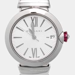 Pre Owned Bvlgari Silver Dial Stainless Steel Diamond Lvcea 102219 Women's Wristwatch 33 mm