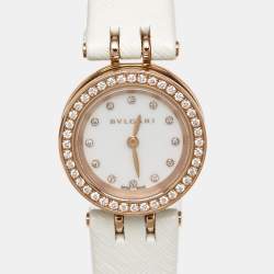 Pre Owned Bvlgari B.Zero1 102398 White Dial Diamond 18K Rose Gold Stainless Steel Leather Women's Wristwatch 23 mm