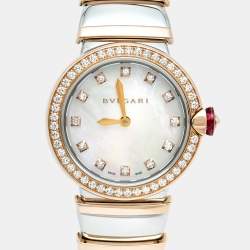 Pre Owned Bvlgari Lvcea 102475 White Mother of Pearl Diamond 18K Rose Gold Stainless Steel Women's Wristwatch 28 mm