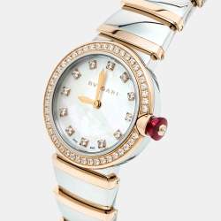 Pre Owned Bvlgari Lvcea 102475 White Mother of Pearl Diamond 18K Rose Gold Stainless Steel Women's Wristwatch 28 mm