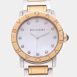 Pre Owned Bvlgari White 18k Yellow Gold/Stainless Steel Mother of Pearl/Pink Sapphire BBLP33SG Wristlet Watch 33 mm