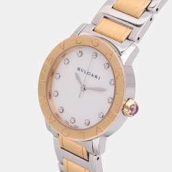 Pre Owned Bvlgari White 18k Yellow Gold/Stainless Steel Mother of Pearl/Pink Sapphire BBLP33SG Wristlet Watch 33 mm