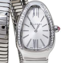 Pre Owned Bvlgari Silver Opaline Guilloché Soleil Stainless Steel Diamond Serpenti Tubogas 101910 Women's Wristwatch 35 mm