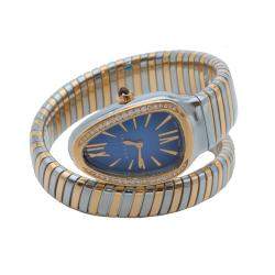 Pre Owned Bvlgari Blue Dial Serpenti Steel & Rose Gold Diamond Bezel Watch