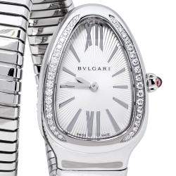 Bvlgari Silver Opaline Guilloché Soleil Stainless Steel Diamond Serpenti Tubogas 101910 Women's Wristwatch 35 mm