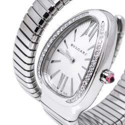 Bvlgari Silver Opaline Guilloché Soleil Stainless Steel Diamond Serpenti Tubogas 101910 Women's Wristwatch 35 mm