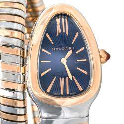 Pre Owned Bvlgari Blue 18K Rose Gold and Stainless Steel Serpenti Tubogas Women's Wristwatch 35 mm