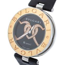 Bvlgari Black 18K Gold Leather Diamonds B.Zero1 BZ P 35 S Quartz Women's Wristwatch 35 MM
