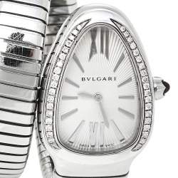 Pre Owned Bvlgari Silver Guilloché Soleil Stainless Steel Diamond Serpenti Tubogas SP 35 S Women's Wristwatch 35 mm