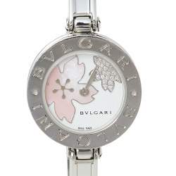 Pre Owned Bvlgari Mother of Pearl Flower Motif Diamond Stainless Steel B.Zero1 BZ 22 S Women's Wristwatch 22 mm