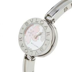 Pre Owned Bvlgari Mother of Pearl Flower Motif Diamond Stainless Steel B.Zero1 BZ 22 S Women's Wristwatch 22 mm