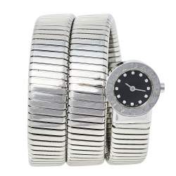 Pre Owned Bvlgari Black Stainless Steel Diamonds Tubogas BB 19 1TS Women's Wristwatch 19 mm
