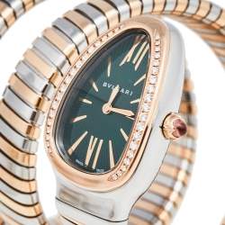 Pre Owned Bvlgari Green 18k Rose Gold Stainless Steel Diamonds Serpenti Tubogas 102791 Women's Wristwatch 23mm