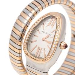 مملوكة مسبقًا Bvlgari Silver White 18K Rose Gold Stainless Steel Diamonds Serpenti Tubogas 102237 Women's Wristwatch 35 mm
