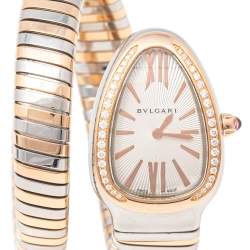 مملوكة مسبقًا Bvlgari Silver White 18K Rose Gold Stainless Steel Diamonds Serpenti Tubogas 102237 Women's Wristwatch 35 mm