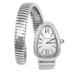 Pre Owned Bvlgari Silver Opaline Guilloché Soleil Stainless Steel Diamond Serpenti Tubogas 101816 Women's Wristwatch 23 mm
