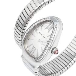 Pre Owned Bvlgari Silver Opaline Guilloché Soleil Stainless Steel Diamond Serpenti Tubogas 101816 Women's Wristwatch 23 mm