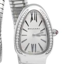 Pre Owned Bvlgari Silver Opaline Guilloché Soleil Stainless Steel Diamond Serpenti Tubogas 101816 Women's Wristwatch 23 mm
