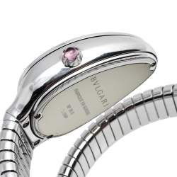 Pre Owned Bvlgari Silver Opaline Guilloché Soleil Stainless Steel Diamond Serpenti Tubogas 101816 Women's Wristwatch 23 mm