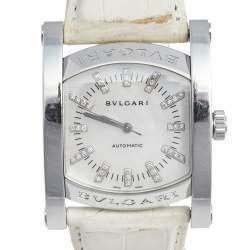 Pre Owned Bvlgari Mother of Pearl Diamond Stainless Steel Leather Assioma AA 44 S Women's Wristwatch 34 mm