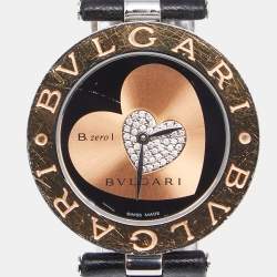 Pre Owned Bvlgari Double Heart Diamond 18k Rose Gold Stainless Steel Leather B.zero1 BZP35S Women's Wristwatch 35 mm