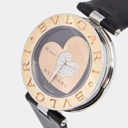 Pre Owned Bvlgari Double Heart Diamond 18k Rose Gold Stainless Steel Leather B.zero1 BZP35S Women's Wristwatch 35 mm