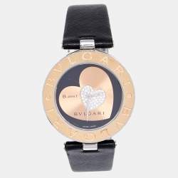 Pre Owned Bvlgari Double Heart Diamond 18k Rose Gold Stainless Steel Leather B.zero1 BZP35S Women's Wristwatch 35 mm