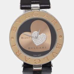 مملوكة مسبقًا Bvlgari Black Heart Diamond Pave 18K Rose Gold Stainless Steel Leather B.Zero1 BZP35S Women's Wristwatch 35 mm