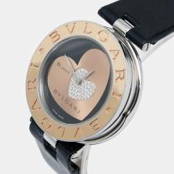 مملوكة مسبقًا Bvlgari Black Heart Diamond Pave 18K Rose Gold Stainless Steel Leather B.Zero1 BZP35S Women's Wristwatch 35 mm