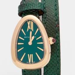 Pre Owned Bvlgari Green 18K Rose Gold Karung Skin Leather Serpenti 102726 Women's Wristwatch 27 mm