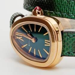 Pre Owned Bvlgari Green 18K Rose Gold Karung Skin Leather Serpenti 102726 Women's Wristwatch 27 mm