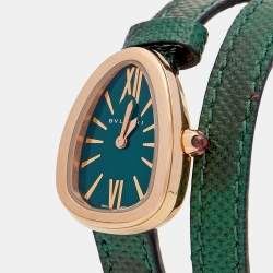 Pre Owned Bvlgari Green 18K Rose Gold Karung Skin Leather Serpenti 102726 Women's Wristwatch 27 mm