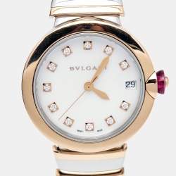 Pre Owned Bvlgari Mother of Pearl Diamond 18k Rose Gold Stainless Steel Lvcea 102198 Women's Wristwatch 33 mm