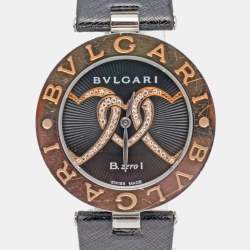 Bvlgari Black Interlocking Heart Motif 18K Rose Gold Stainless Steel Diamond Leather B.Zero1 BZP35S Womens' Wristwatch 35 mm
