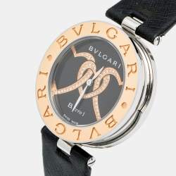Bvlgari Black Interlocking Heart Motif 18K Rose Gold Stainless Steel Diamond Leather B.Zero1 BZP35S Womens' Wristwatch 35 mm
